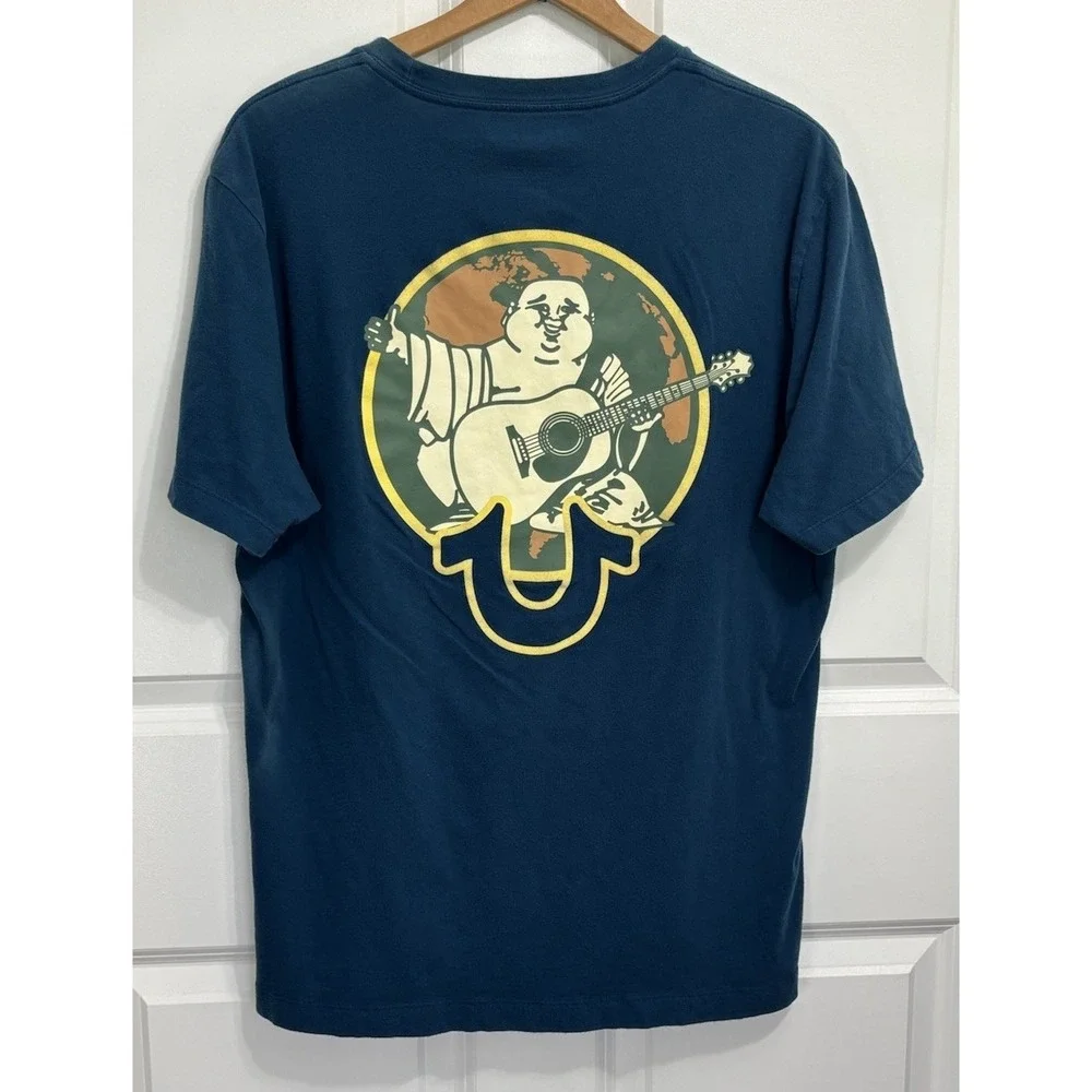True Religion Buddha Guitar Graphic T Shirt Blue Teal Logo Tee Men's XL 0738